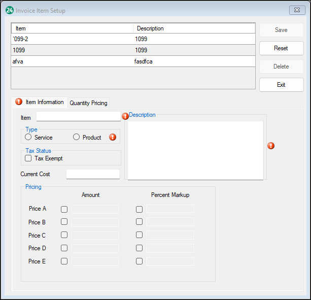 Invoice Item Setup screen